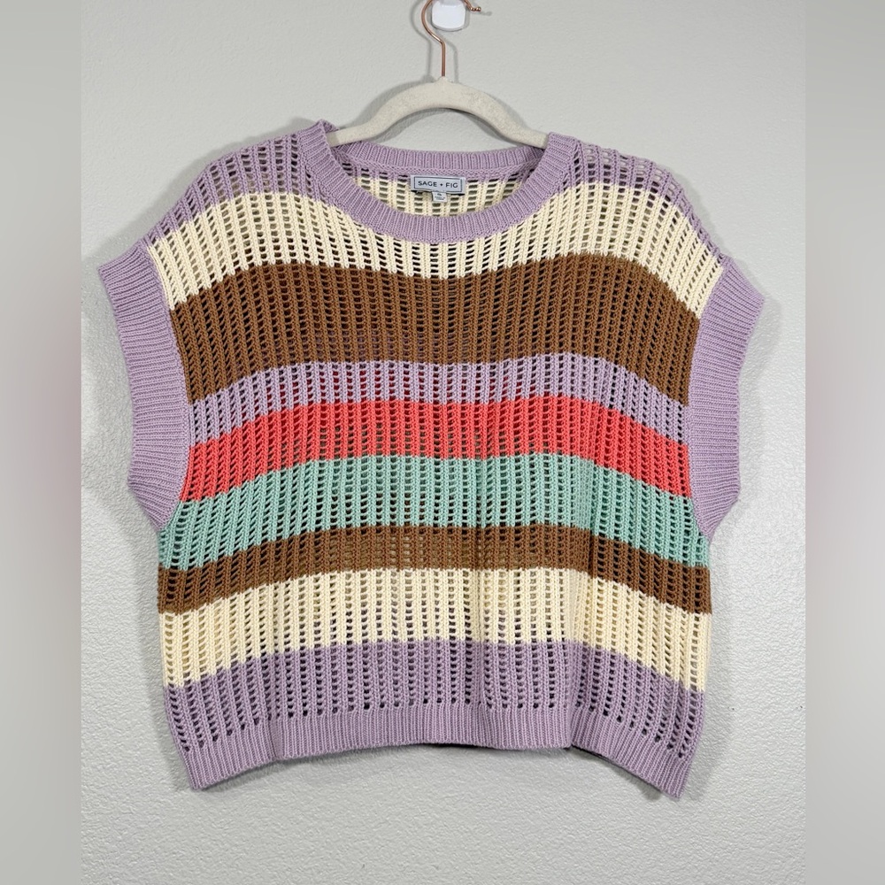 Sage + Fig Shirt Summer Crochet Sweater Open Knit Sleeveless Purple Women S